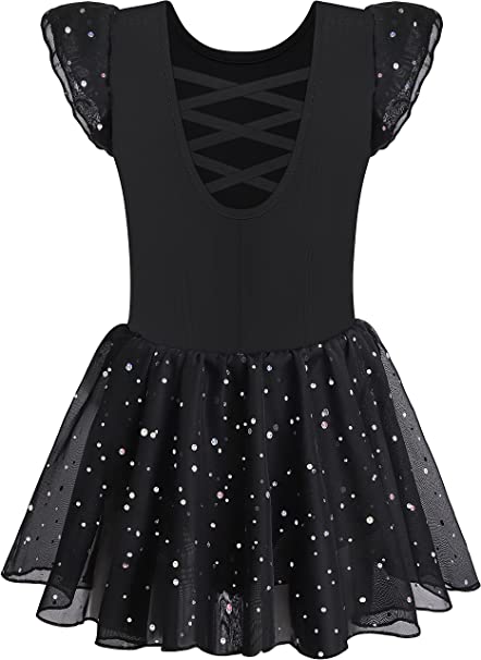 MOLLDAN Girls Dance Leotards for Ballet Dress Shiny Skirt Ruffle Sleeve Crisscross Back