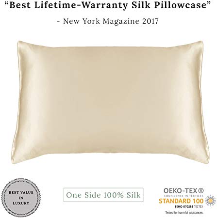 MYK Silk Pure Natural Mulberry Silk Pillowcase, 19 Momme with Cotton Underside for Hair & Skin, Oeko-TEX Certified, Hypoallergenic, Curly Friendly, Beige