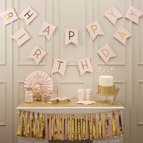 Ginger Ray Pastel Perfection and Gold Foiled Happy Birthday Bunting Banner, Pink