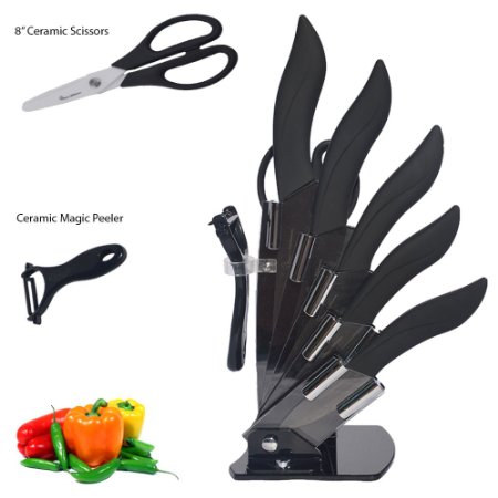 Mama's Kitchenware Professional 7-Piece ceramic knife set with black handles & blades   bonus ceramic scissors - Includes 2 ceramic chef's knives, 1 ceramic utility knife, 2 ceramic paring knives