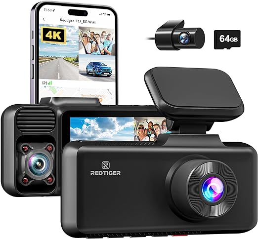 REDTIGER 4K 3 Channel Dash Cam 5G WiFi Built-in GPS, Free 64GB Card, 2160P 1080P 1080P Front and Rear Inside Loop Recording, Triple Car Camera with 3 Inch Screen, IR Night Vision, WDR, Parking Mode