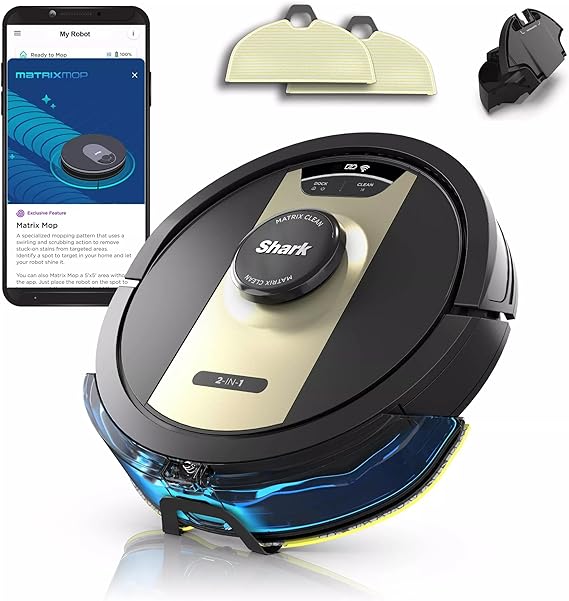 Shark RV2410WD IQ 2-in-1 Robot Vacuum & Mop with Matrix Clean & Sonic Mopping, Perfect for Pet Hair, Carpets, Hard Floors, Compatible with Alexa, Black/Gold, No Self-Empty Base (Renewed)