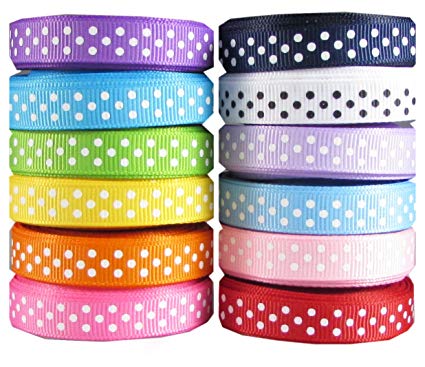 Polka Dot Ribbon for Crafts-Hipgirl 60 Yards 3/8" Grosgrain Fabric Ribbon Set For Gift Package Wrapping, Hair Bow Clips & Accessories Making, Sewing, Wedding Decor, Boy Girl Baby Shower-(12x5yd Swiss)