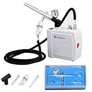 Voilamart Grey Airbrush Compressor Dual Action 7cc Ink Cup 0.3mm Needle Air Brush Spray Gun Kit for Make Up Craft Paint