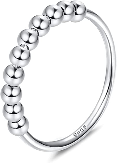 Milacolato 925 Sterling Silver Anxiety Spinning Rings with Beads Band Rings Fidget Rings for Anxiety Thin Stackable Rings for Women