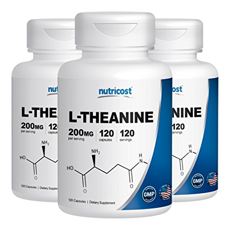 Nutricost L-Theanine 200mg; 120 Caps (3 Bottles) - Double Strength