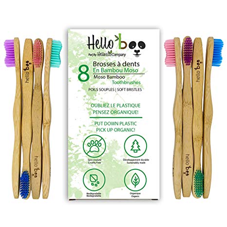 Bamboo Toothbrush for Adults and Teenagers | 8 Pack Biodegradable Tooth Brush Set | Organic Eco-Friendly Moso Bamboo with Ergonomic Handles and Soft Nylon Bristles | By Hello Eco Company