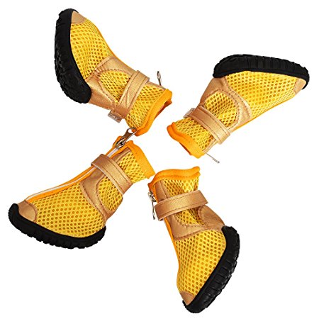 Dog Boots WaterProof Dog Shoes for Medium Large Dogs with Reflective Velcro Rugged Anti-Slip Sole Yellow Pack of 4 Pcs