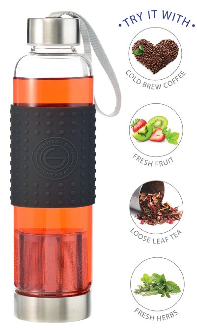 GROSCHE Marino 550ml186oz Water and Tea Travel Infuser Glass and Stainless Steel Sport Water Bottle with Infuser Tea Tumbler  Cold Brew Coffee Maker and Water Bottle