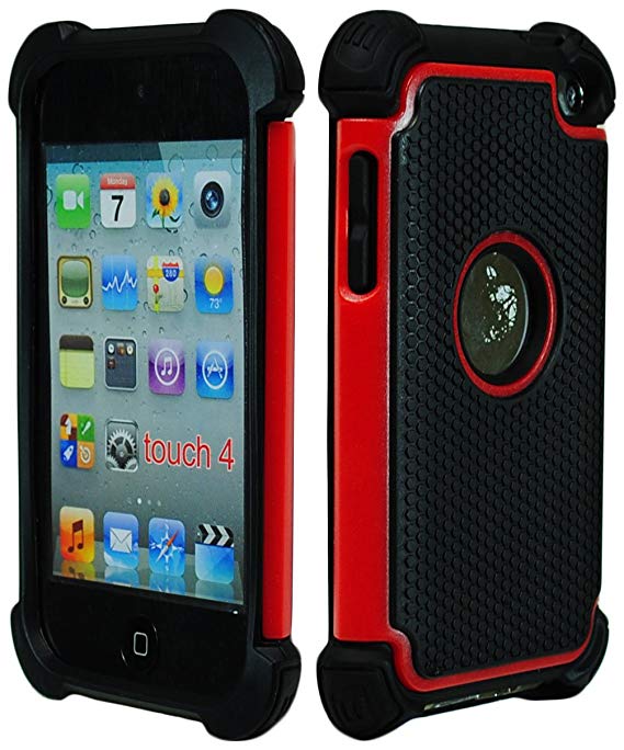 iPod Touch 4 Case, Bastex Hybrid Slim Fit Black Rubber Silicone Cover Hard Plastic Red & Black Shock Case for Apple iPod Touch 4, 4th Generation