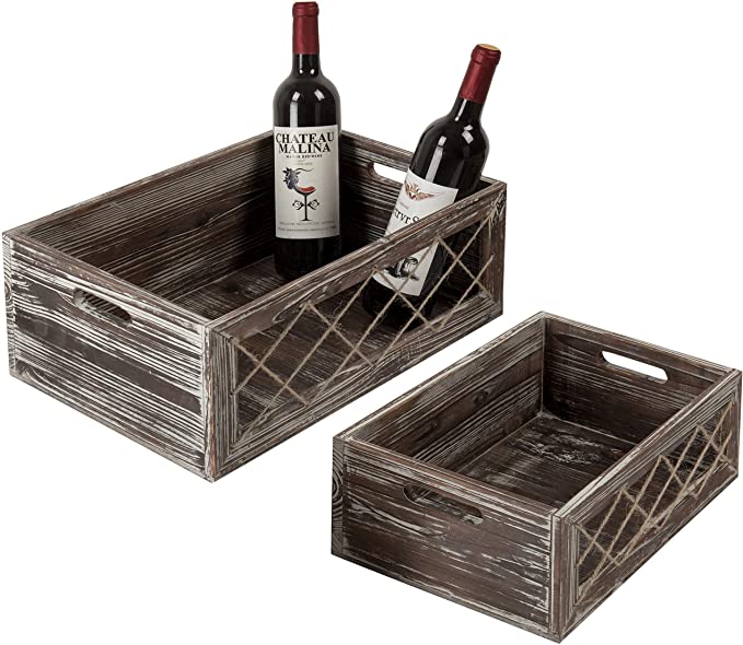 MyGift Rustic Torched Wood Nesting Storage Crates with Rope, Set of 2