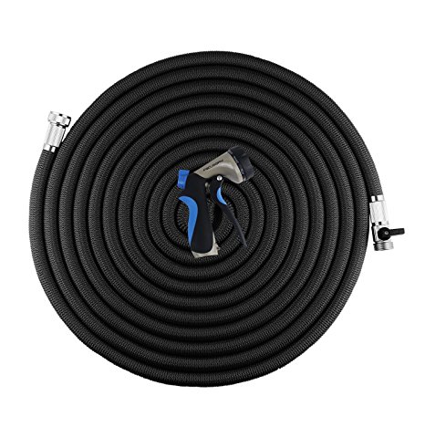FOCUSAIRY Upgraded 75 Feet Expanding Heavy Duty Expandable Strongest Garden Water Hose with Shut Off Valve Solid Metal Connector and 8-pattern Spray Nozzle
