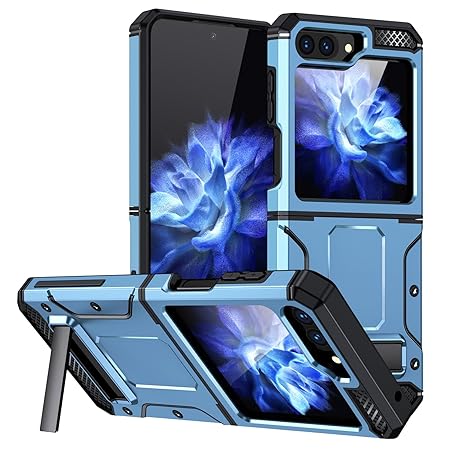 CUBIX® Tough Armor Case Compatible for Samsung Galaxy Z Flip 5 Military-Grade Drop Tested Slim Rugged Defense Shield Shock Resistant Hybrid Heavy Duty Back Cover Kickstand - Sky Blue