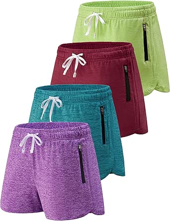 4 Pack Youth Girls Athletic Shorts 3", Girls Soccer Shorts, Kids Workout Gym Clothes Activewear Apparel with Zipper Pockets