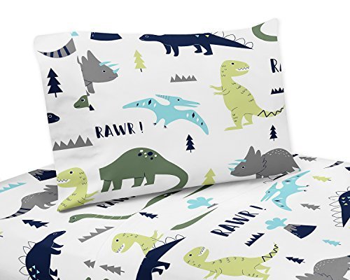 Sweet Jojo Designs 3-Piece Twin Sheet Set for Blue and Green Modern Dinosaur Bedding Collection
