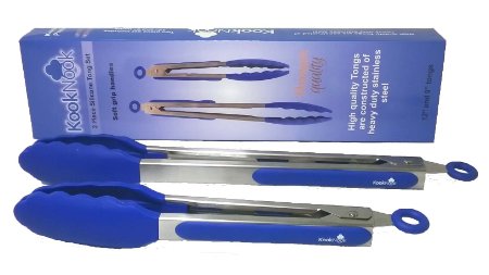 Premium Stainless Steel Kitchen Tongs Set of 2 with blue silicone tips by KookNook 9 inch and 12 inch