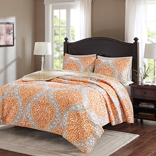 Comfort Spaces – Coco Mini Quilt Set - 3 Piece – Orange and Taupe– Printed Damask Pattern –Full/Queen size, includes 1 Quilt, 2 Shams