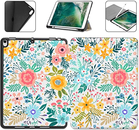 Dongke Case with Pencil Holder for iPad Pro 10.5 Case/iPad Air 3 Case 2019 (3rd Generation), Slim Shell Beautiful Flowers Pattern Series Lightweight Soft TPU Back Smart Stand Cover (Auto Wake/Sleep)