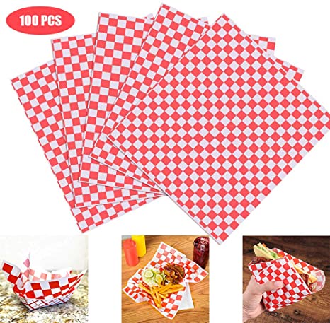 HAPPY FINDING 100 Sheets Food Grade Wrap Paper Checkered Basket Liners Oil-Proof for Deli/BBQ Sandwich Hamburgers Leftovers Gift Wrapping Tissue 10" x 11