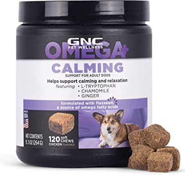 GNC Pets Omega Calming Dog Supplements for Adult Dogs with Omega Fatty Acids and Flaxseed, 120 ct | Chicken Flavored Soft Chews for Calming & Relaxation | with L-Tryptophan, Chamomile, & Ginger