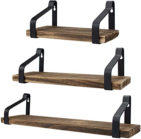 Foraineam Set of 3 Floating Shelves Wall Mounted Rustic Wood Storage Shelves Display Racks