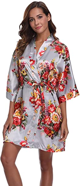 Women's Floral Satin Kimono Robes Short Bridesmaid Robes for Wedding Party