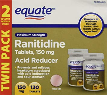 Equate Maximum Strength Acid Reducer, Ranitidine Tablets USP, 150 mg 65 Tablets (Pack of 2)