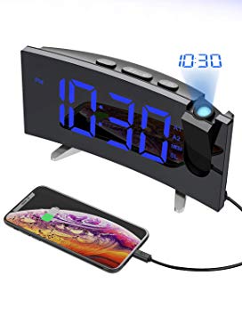 PICTEK Projection Alarm Clock, 5'' Large Curved LED Display, 6 Dimmer, Dual Alarms, 15 FM Radio Clock, Digital Alarm Clock Projection on Ceiling Bedroom, USB Phone Charger