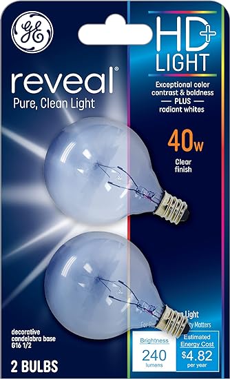 GE Reveal Light Bulbs, 40 Watt, HD  Light, G16.5 Light Bulb, Candelabra Base (2 Pack)