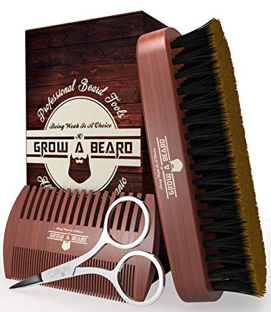 Beard Brush & Comb Set for Men Care - Gift Box & Friendly Bag - Best Bamboo Grooming Kit Great to Distributes Balm or Oil for Growth & Styling - Adds Shine & Softness (Brown)