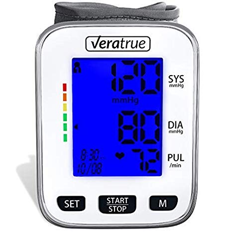 Wrist Blood Pressure Monitor by Veratrue - Includes: Fully Automatic Monitor, 2AAA & Carrying case - XXL LCD Display, Blue Backlight, Irregular Heartbeat Detector, Memory