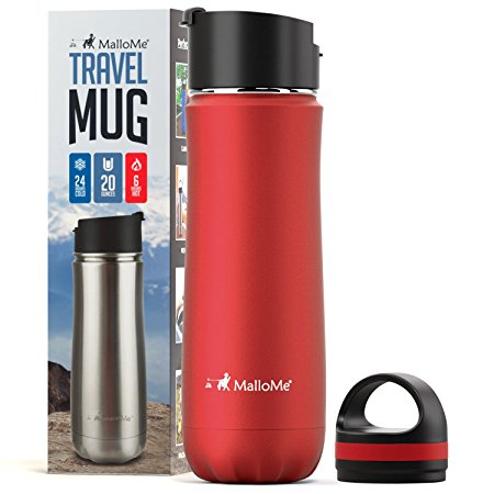 MalloMe Stainless Steel Coffee Travel Mug – 20 oz Vacuum Insulated Water Bottle Thermos Flask Cup Combo – Triple Walled Tumbler, 7 Colors, Two BPA Free Leak Proof Lids Included