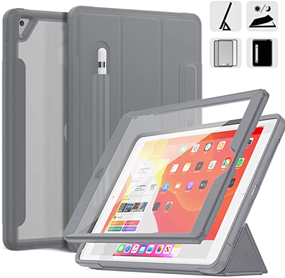 DUNNO iPad 10.2 Case 2019, Hybrid Leather Three Layer Smart Cover with Auto Screen Protector Sleep/Wake Pencil Holder Stand Feature Design for iPad 7th Gen 10.2 Inch 2019 (Gray)