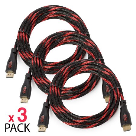 HDMI Cable 3 Pack - 10 Ft Gold Plated Braided High Speed Cord - Latest Standard; Supports Ethernet, 3D, 4K, and Audio Return