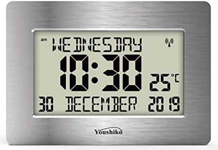 Youshiko Radio Controlled Silent Large LCD Wall Clock (Offical UK Version) Auto Set Up with Day Date Month Helpful for DEMENTIA & ALZHEIMER SUFFERERS (Silver)