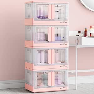 V6 Storage Bins with Lids, 136 QT Stackable Storage Bins with Wheels, Collapsible Storage Bins with Doors, Folding Storage Cabinets for Closet, Home Office Dorm Organizer Essential, Pink