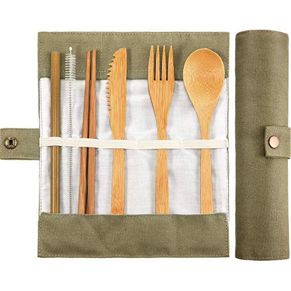 Tatuo 2 Set Bamboo Cutlery Flatware Set Bamboo Travel Utensils Include Reusable Knife Fork Spoon Chopsticks Straws (Light Green)