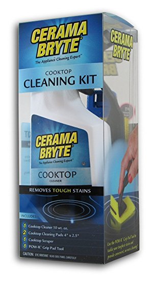 Cerama Bryte - Cooktop Cleaning Kit - Includes 10 oz. Bottle of Cerama Bryte Cooktop Cleaner, 2 Cleaning Pads, 1 POW-R Grip Pad Tool and 1 Scraper packed in Reusable Container.