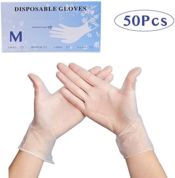 Disposable Protective Gloves, Powder Free PVC Cleaning Vinyl Latex Gloves, Disposable Gloves for Cleaning, Healthcare, Food Safe (50 Gloves Per Box) (Medium)