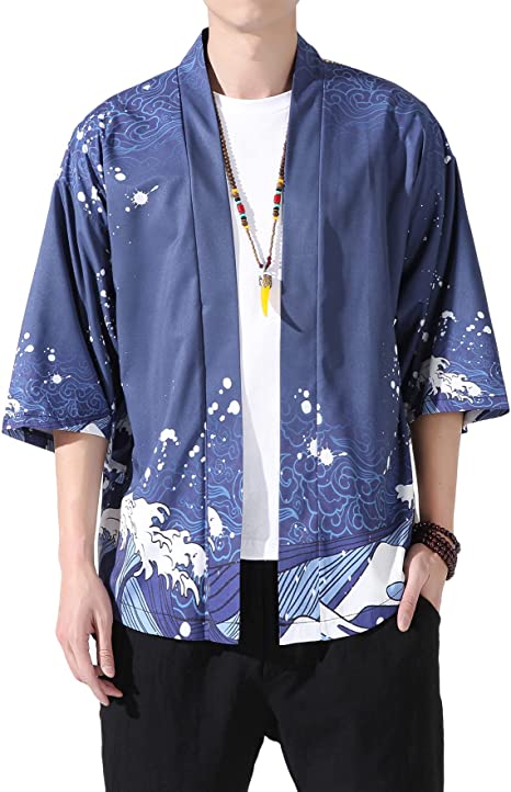 PRIJOUHE Men's Japanese Kimono Cardigan Jackets Casual Long Sleeve Open Front Coat Lightweight Yukata Outwear