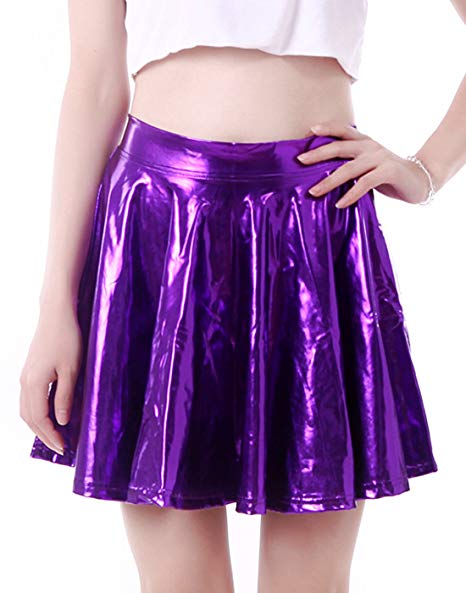 HDE Plus Size Shiny Liquid Skater Skirt Flared Metallic Wet Look Pleated Skirt