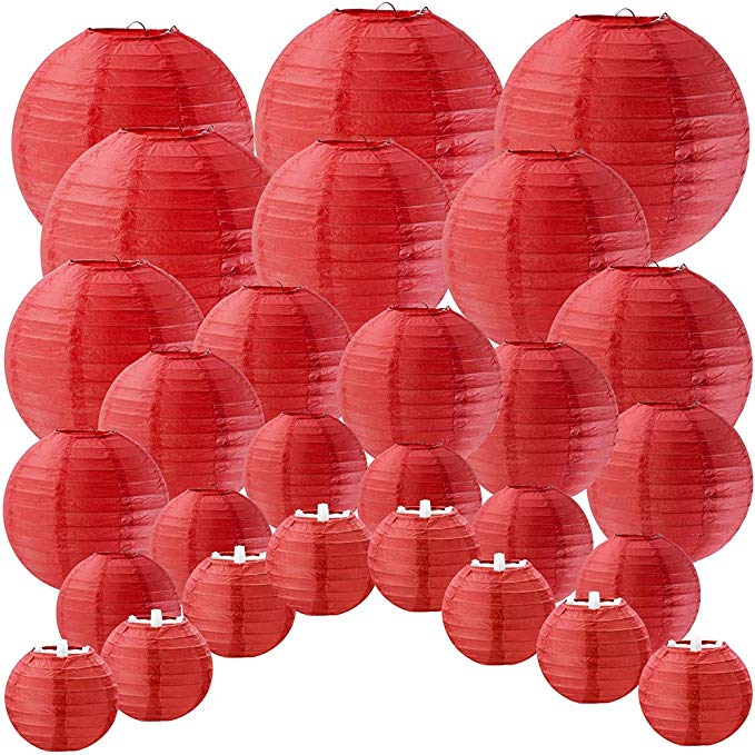 Supla 28 Pcs 5 Sizes Chinese New Year Decorative Red Paper Lanterns Hanging Chinese Japanese Lanterns Round Party Lanterns for Spring Festival Holiday Season Decorations