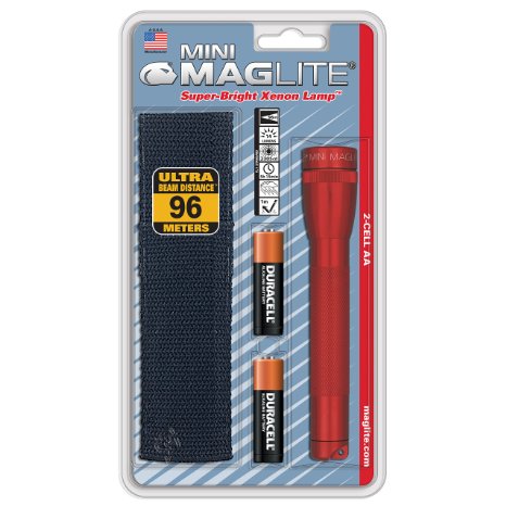 Maglite Mini Incandescent 2-Cell AA Flashlight with Holster, Red