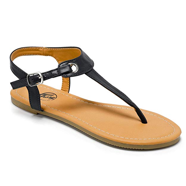 Trary Open Toe Strap Tong and Buckle Flat Sandals for Women