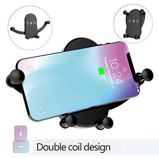 Eleay Wireless Charger Car Double Coil Design Mount Adjustable Gravity Air Vent Phone Holder Compatible for iPhone Samsung Nexus Moto OnePlus HTC Sony Nokia and Compatible with All QiEnabled (Black01)