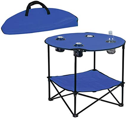 Preferred Nation Folding Table, Polyester with Metal Frame, 4 Mesh Cup Holders, Compact, Convenient  Carry Case Included - Blue