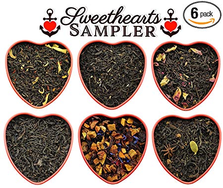Sweetheart Loose Leaf Tea Sampler Assortment in Red Heart Tins w/6 Varieties of Tea Including Masala Chai, Vanilla Black Tea, Passion Peach Tea, Rose, Raspberry & More, Tea Gift Set - Approx 90  Cups