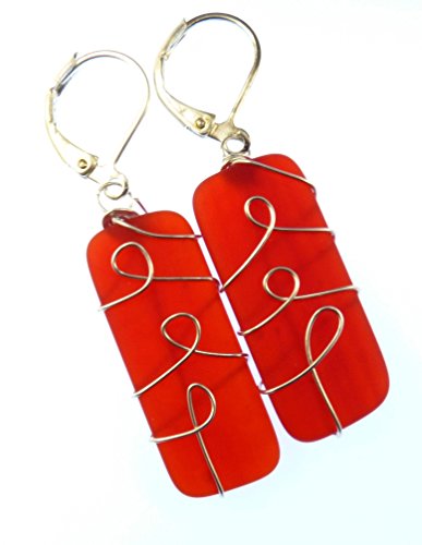 Radiant Red Beach Glass Earrings wrapped in sterling silver wire