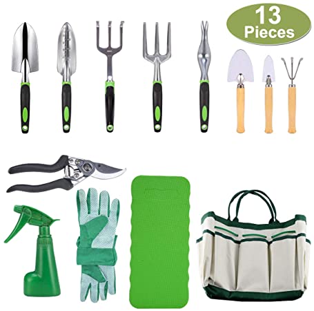 Crenova 10 Piece Garden Tools Set-Gardening Tools,Pruning Shears,Garden Gloves,Garden Tote,Kneeling Pad and Garden Sprayer.Add 3 Free Piece Mini Gardening Tool Set.Best Gift for Women and Men