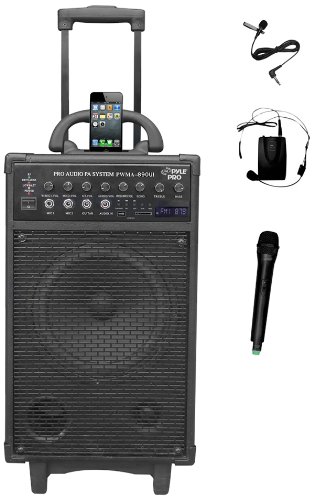 PYLE-PRO PWMA890UI 500 Watt Wireless Rechargeable Portable PA System with iPod Dock, FM/USB/SD, Handheld and Lavalier Microphones